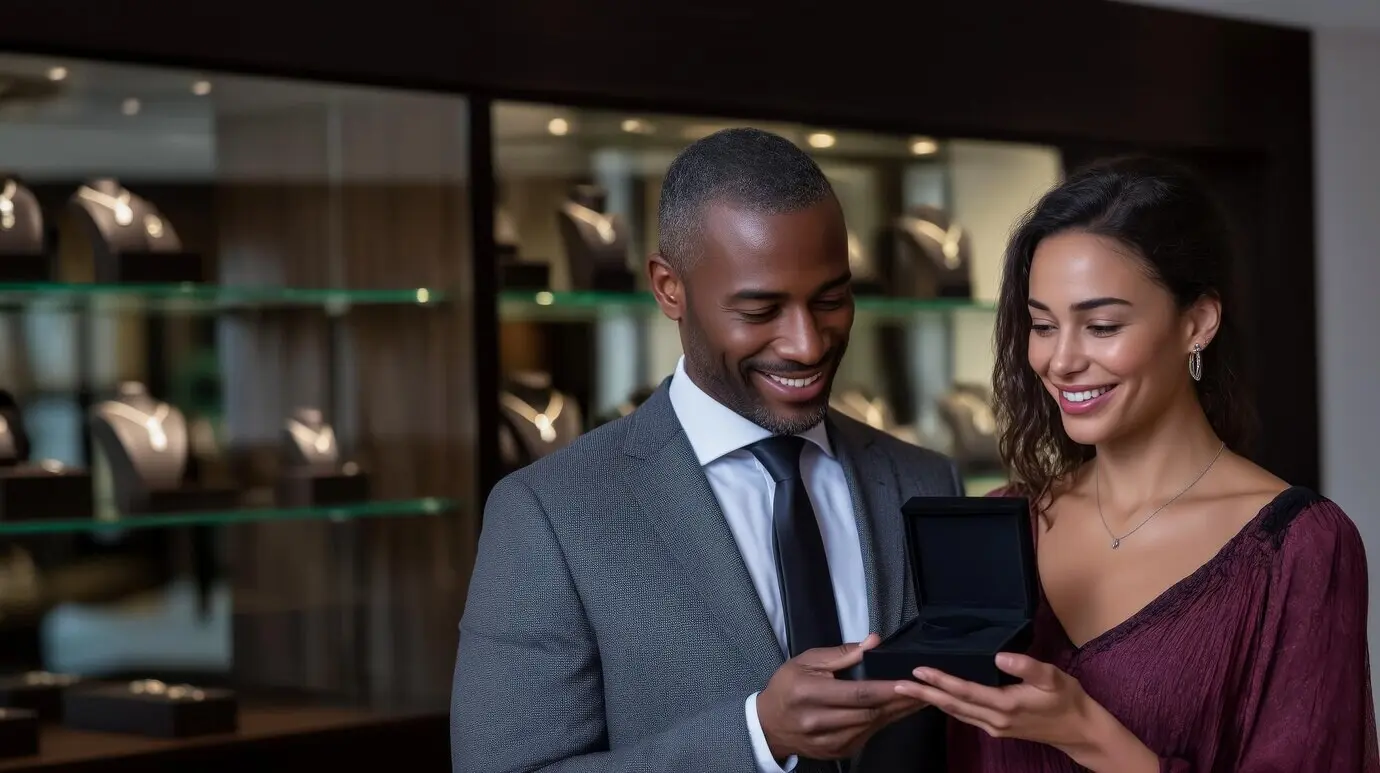 В ювелирном магазине женщина и мужчина, счастливые и улыбающиеся, покупают подарки и смотрят на шкатулку для украшений.