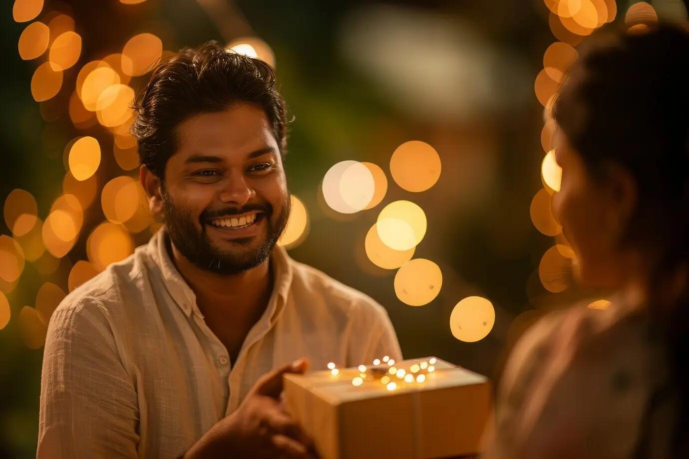 Вид сбоку пары, празднующей тамильский Новый год.